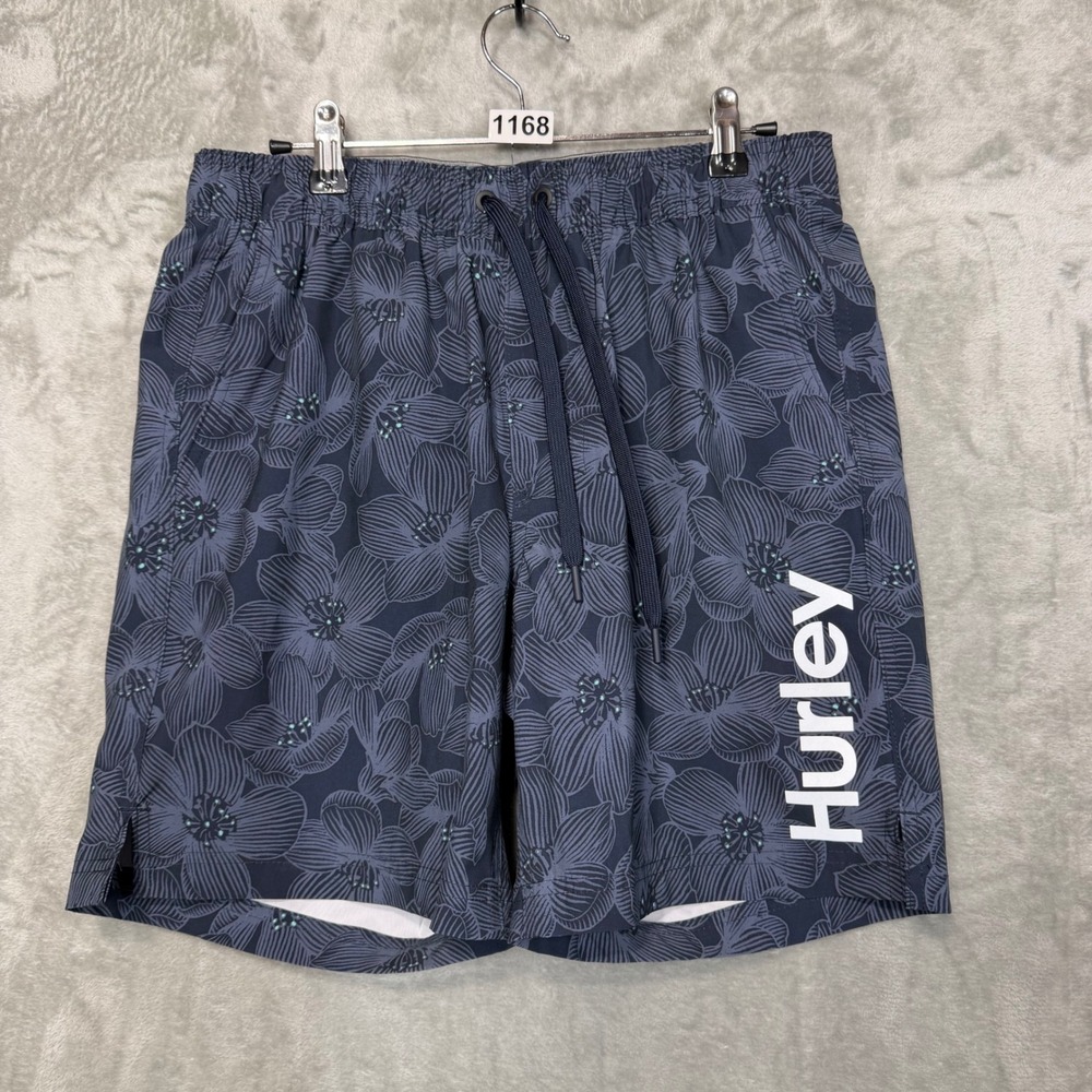 Hurley Swim Trunks Mens Medium Blue Floral Logo Drawstring Board Shorts Lined